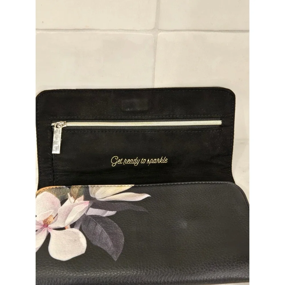 Ted Baker London Black Magnolia Floral Jewelry Roll Travel Organizer Case